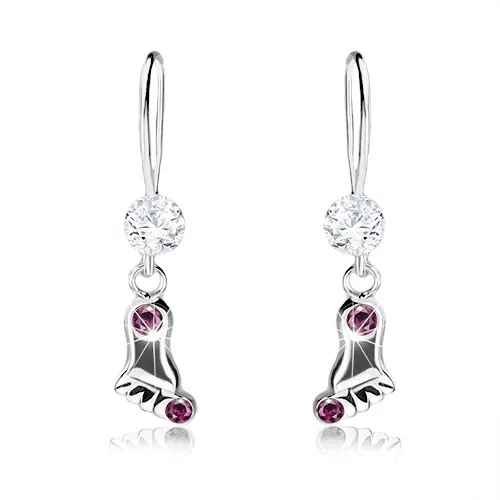 Náušnice ze stříbra 925, lesklý otisk chodidla s krystaly fialové barvy