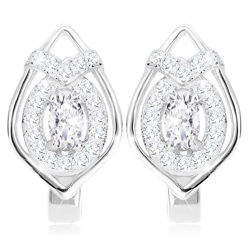 Rhodiované náušnice ze stříbra 925 - obrys špičaté kapky, oválný blýskavý zirkon