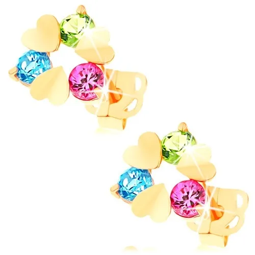 Zlaté náušnice 585 - tři plochá srdíčka a kulaté barevné zirkony