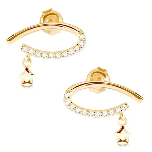 Náušnice ve žlutém 14K zlatě - kontura ležící kapky s čirými zirkony, hvězdička