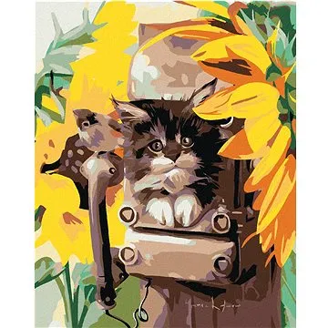 Diamondi - Diamantové malování - KOTĚ V BUDCE A SLUNEČNICE, 40x50 cm, bez rámu a bez vypnutí plátna (604285A)