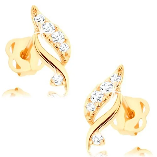 Náušnice ze žlutého 14K zlata - třpytivý lístek s čirými brilianty