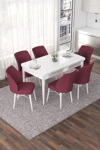 Extendable Dining Table & Chairs Set (7 Pieces) Nef - White, Burgundy