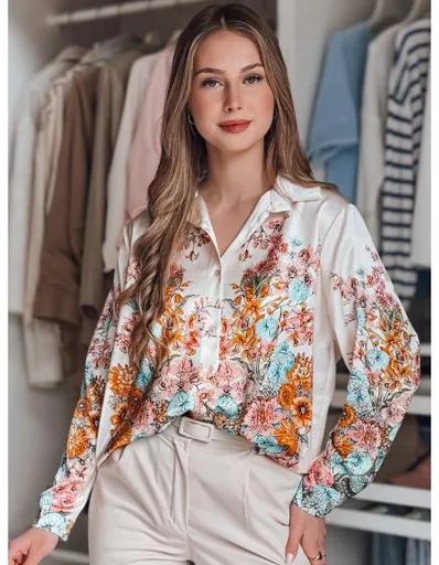 Dámská květovaná košile oversize BLOSSIVA světle béžová