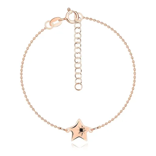 Stříbrný náramek 925 - růžovo-zlatá barva, černý diamant, hvězda