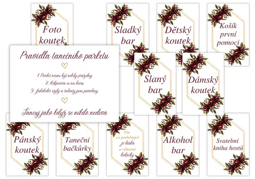 Personal Svatební informační karty - Bordó 12 ks Univerzální karta: Složená