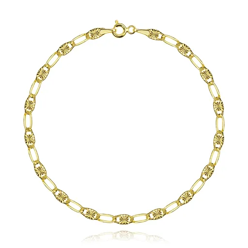 Náramek ve žlutém 14K zlatě - delší tenká očka, paprskovité zářezy, 190 mm