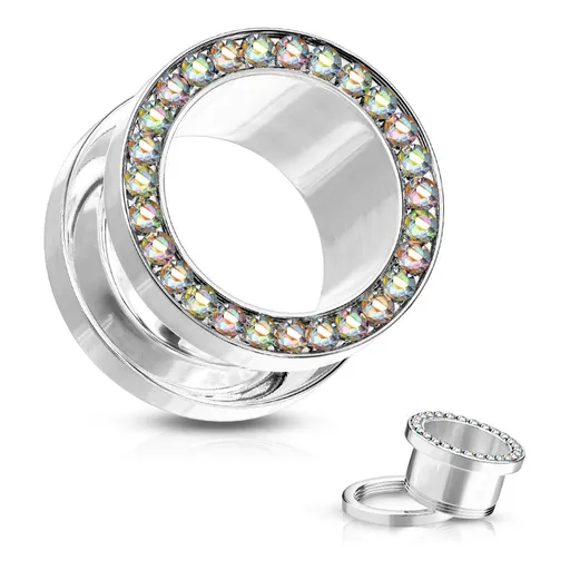 Tunel do ucha z chirurgické oceli - kulatá linie zirkonů, duhové odlesky, lesklý povrch - Tloušťka : 10 mm