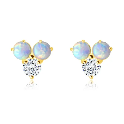 Zlaté 585 náušnice - kulatý čirý zirkon, dva bílé syntetické opály s duhovými odlesky, puzetky