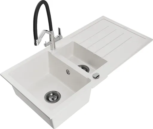 MEXEN/S Andres granitový dřez s odkapávačem včetně baterie Duo, bílá 6515-20-671701-07-B