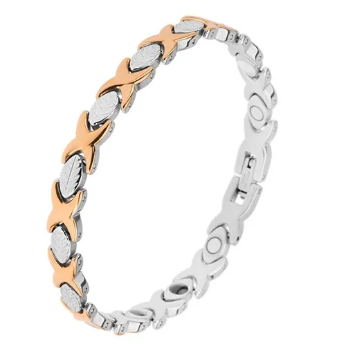 Ocelový náramek stříbrné a zlaté barvy, články "X", lístky, magnety