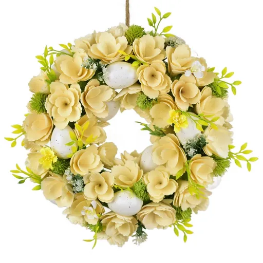 Velikonoční věnec z dřevěných květů s vajíčky, 30 cm, bílá