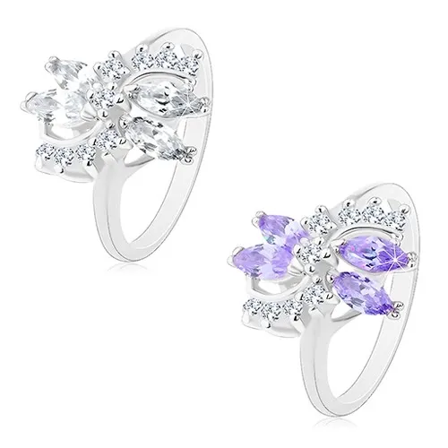 Prsten stříbrné barvy, dva čiré oblouky, blýskavé zrnkovité zirkony - Velikost: 49, Barva: Čirá