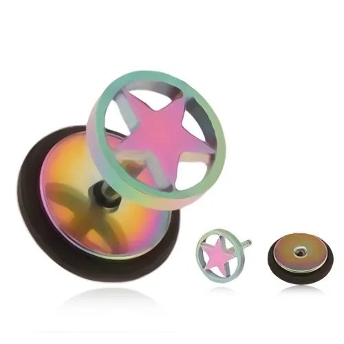 Fake plug do ucha z oceli, duhový povrch, hvězda v kruhu