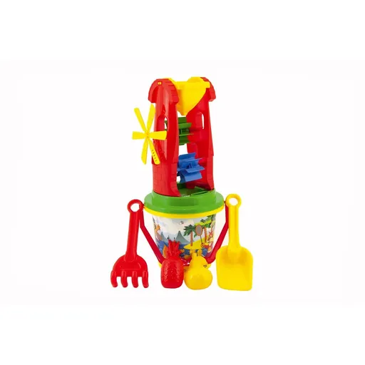 Sada na písek plast kbelík, mlýnek s doplňky 4 barvy v síťce