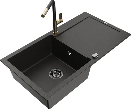 MEXEN/S Leo granitový dřez 1 s odkapávačem včetně baterie Flora, černá/zlatá metalik 6501-75-670401-57-B
