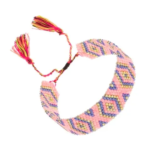 Blýskavý náramek, korálky, kosočtverce, tmavě modrá, žlutá, růžová barva