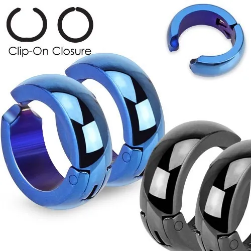 Ocelové náušnice, lesklé hladké kroužky s klipsovým zapínáním - Barva: Černá