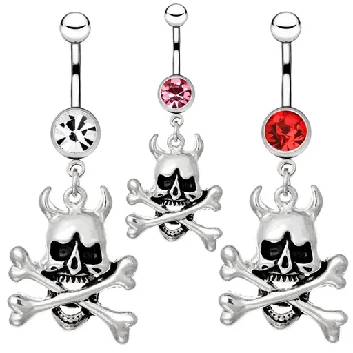 Ocelový piercing do pupku - lebka ďábla s hnáty a zirkon - Barva zirkonu: Červená - R