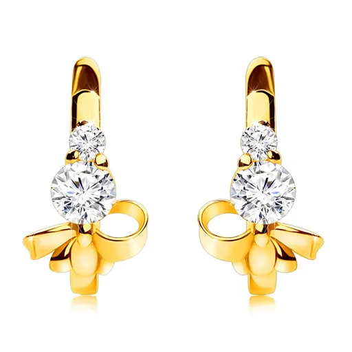 Zlaté náušnice 14K oblouk s čirými zirkony a zlatou mašlí