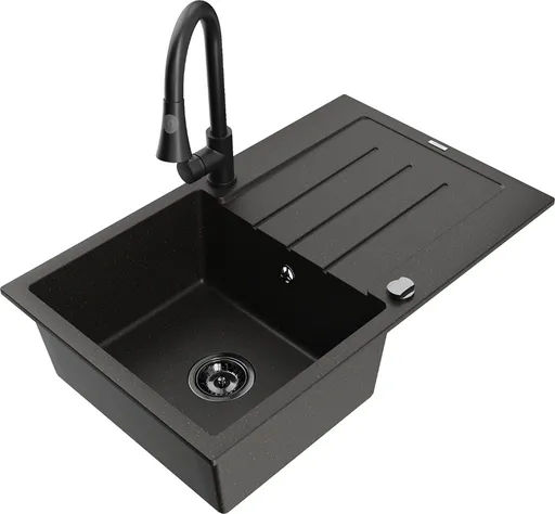 MEXEN/S Bruno granitový dřez 1 s odkapávačem včetně baterie Elia, černá/zlatá metalik 6513-75-670101-70-B