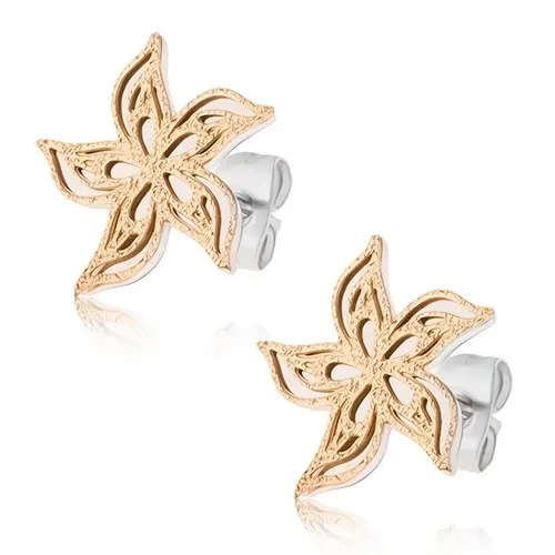 Stříbrno-zlaté pískované náušnice z oceli, zvlněný květ