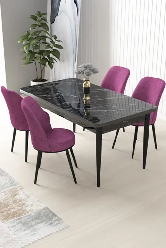Dining Table & Chairs Set (5 Pieces) Nil - Black Marble, Purple
