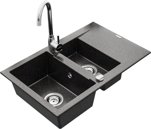 MEXEN/S Gaspar granitový dřez 1.5 s odkapávačem včetně baterie Telma, černá kropenatý 6507-76-670200-00