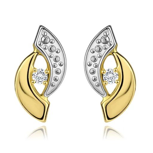 Náušnice ze 14K zlata - dvoubarevné oblouky a kulatý čirý zirkon uprostřed