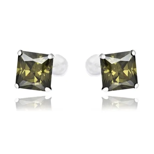 Puzetky ze stříbra 925 - tmavozelené zirkony ve tvaru čtverce, 7 mm