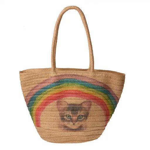 Hnědá plážová taška s kočkou a duhou Beach Bag - 44*27*30 cm Clayre & Eef