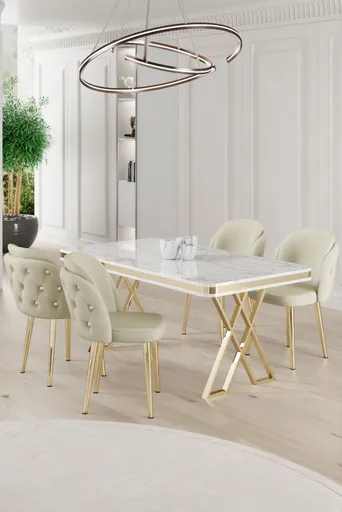 Dining Table & Chairs Set (5 Pieces) Rigel - White, Gold, Cream