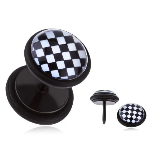 Kulatý ocelový fake plug - černo-bílá šachovnice, glazura