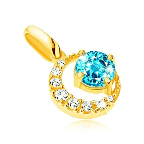 Přívěsek ve žlutém 14K zlatě, zirkonový srpek měsíce, kulatý modrý topas