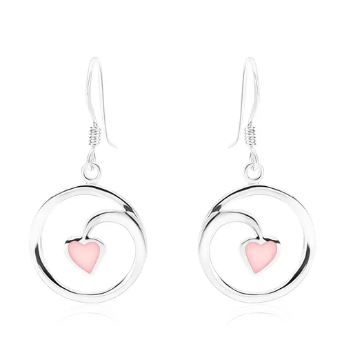 Náušnice, stříbro 925, kontura kruhu - spirála, srdíčko, růžová perleť