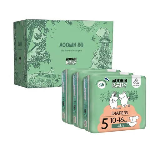 Moomin Baby 5 Maxi 10–16 kg eko pleny v dárkovém boxu 120 ks