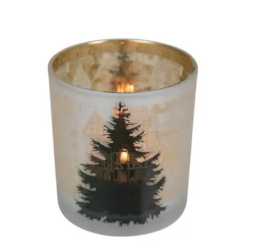 Černozlatý skleněný svícen se stromkem a domky S - Ø 7*8cm Mars & More