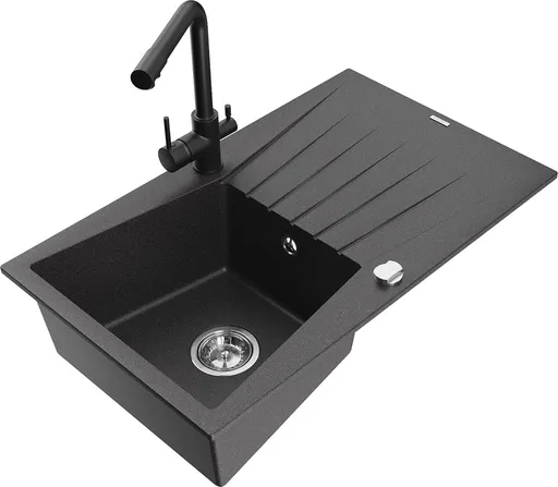 MEXEN/S Cesar granitový dřez s odkapávačem včetně baterie Duero, černá kropenatá 6514-76-671600-70