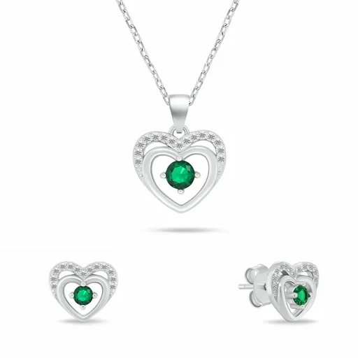 Brilio Silver Set šperků Srdíčka se zelenými zirkony SET295WG (řetízek, přívěsek, náušnice)