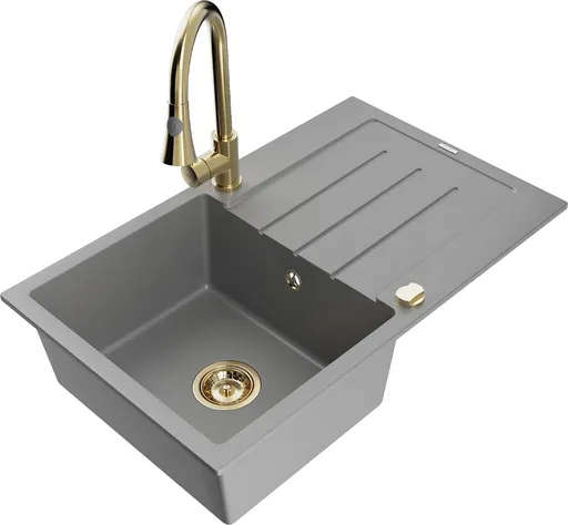 MEXEN/S Bruno granitový dřez 1 s odkapávačem včetně baterie Elia, šedá 6513-71-670101-50