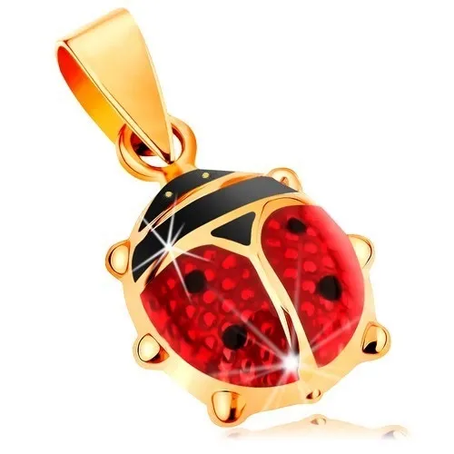 Zlatý 14K přívěsek - větší vypouklá beruška pokrytá červenou a černou glazurou