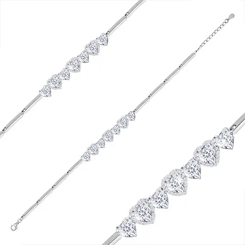 Rhodiovaný náramek ze stříbra 925, čirá zirkonová srdíčka, zirkonové kontury srdcí