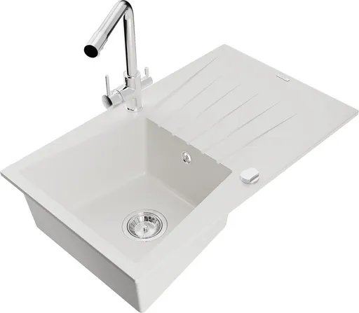 MEXEN/S Cesar granitový dřez s odkapávačem včetně baterie Duero, bílá 6514-20-671600-00