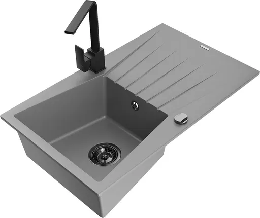 MEXEN/S Cesar granitový dřez 1-miska s odkapávačem včetně baterie Rita, šedý 6514-71-670300-70-B