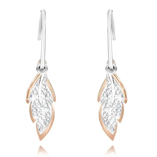 Stříbrné náušnice 925 - úzký půlkruh, blýskavý list, list růžovozlaté barvy