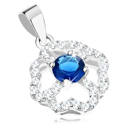 Stříbrný rhodiovaný přívěsek 925, čirý obrys květu s modrým zirkonem