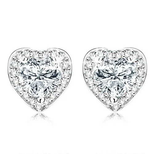 Rhodiované náušnice, stříbro 925, čiré zirkonové srdíčko, třpytivý okraj