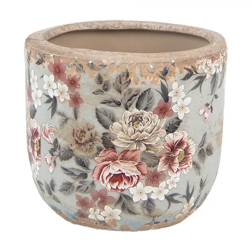 Zelený keramický dekorační květináč s květy Floria M - Ø 14*13 cm  Clayre & Eef