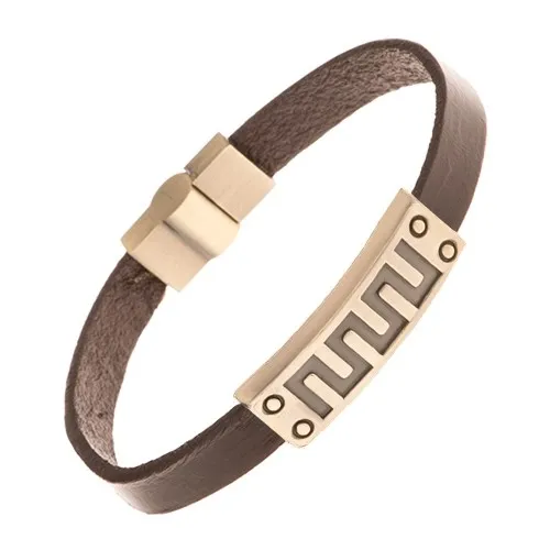 Náramek z tmavohnědé syntetické kůže, známka s řeckým klíčem