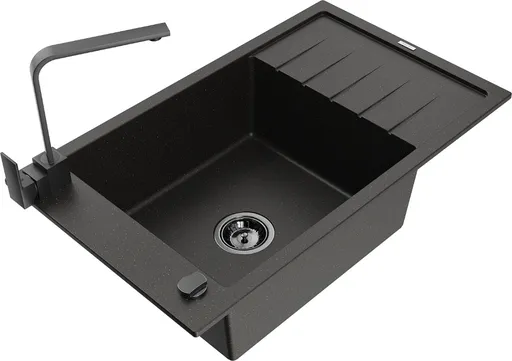 MEXEN/S Elias granitový dřez 1-miska s odkapávačem včetně baterie Rita, černý/zlatý metalik 6511-75-670300-70-B